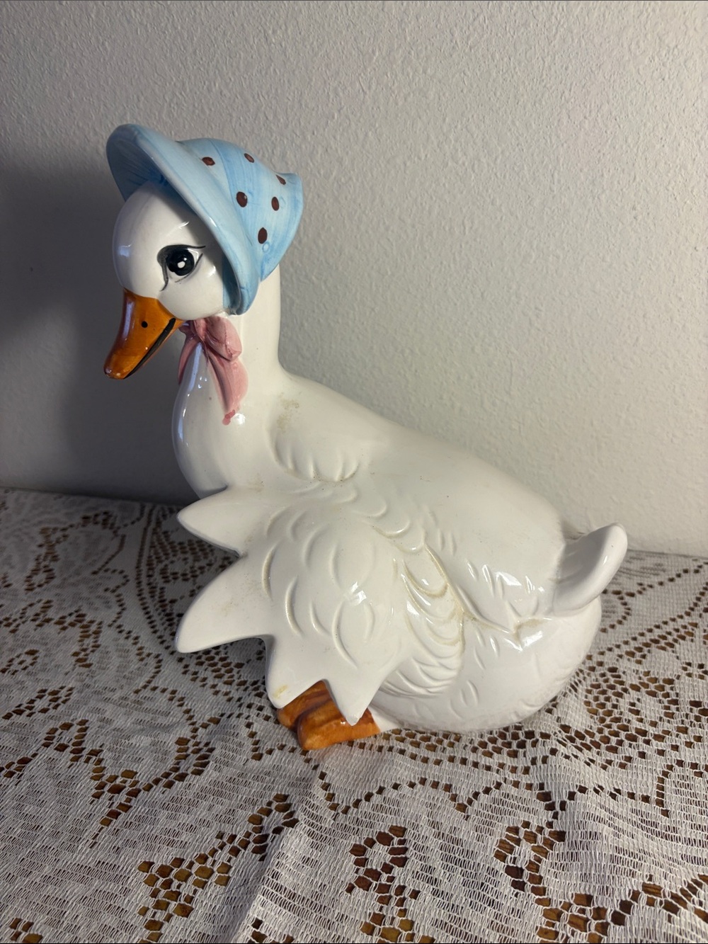 White Ceramic Duck Figurine with Blue Polka Dot Bonnet